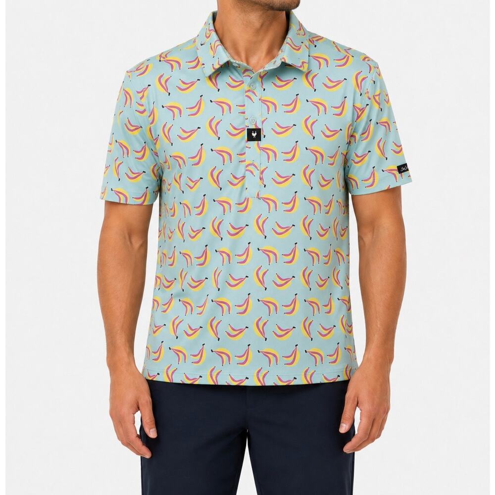 Bad Birdie Chimpin Ain’t Easy Banana Golf Polo Blue Pink Stretch UPF 50 Size XL